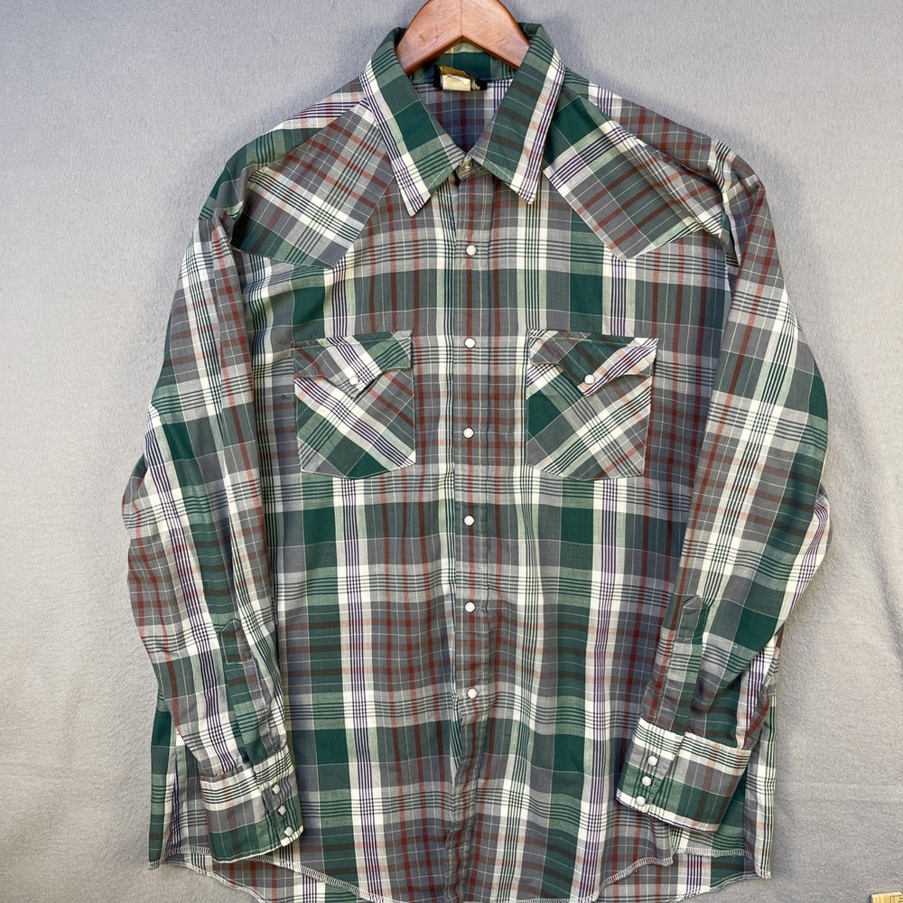 VTG Holt Pearl Snap Western Shirt Men's Large Green Plaid Rodeo Made in USA